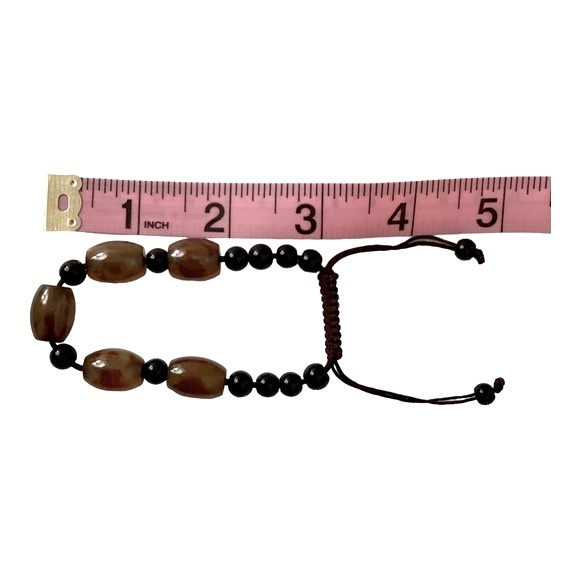 Unisex Adjustable Cord Bracelets Pair Black Cord And Heavy Brown And Black Beads - Picture 4 of 5